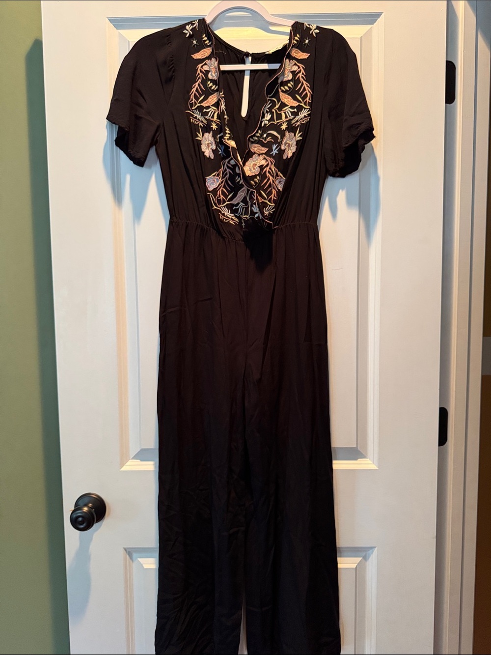 Embroidered Black V-Neck Jumpsuit with Floral Detail